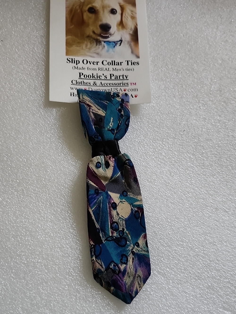 Hand Crafted Blue and Teal Abstract Slip-Over Dog Collar Tie